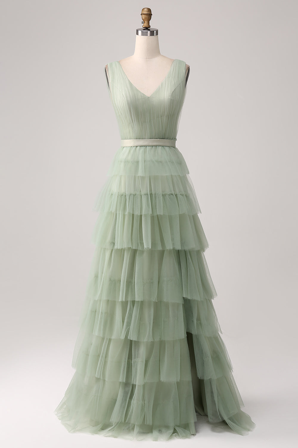 Robe de bal verte plissée à volants et fendue