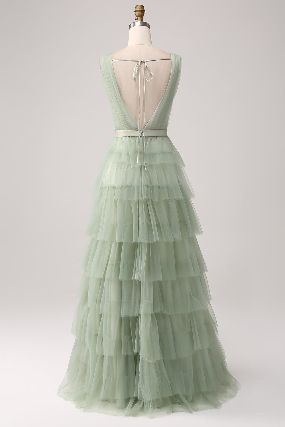 Robe de bal verte plissée à volants et fendue
