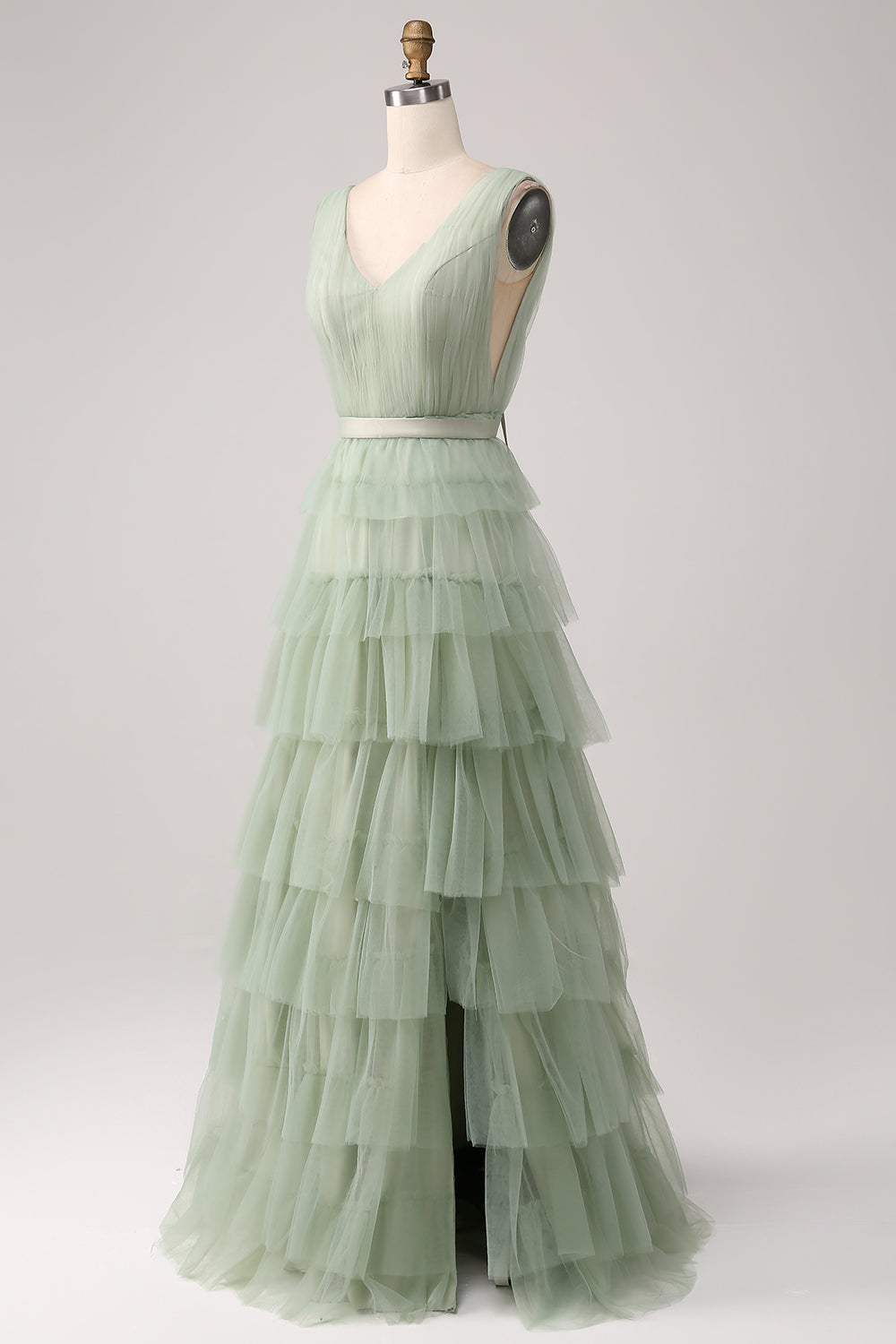 Robe de bal verte plissée à volants et fendue