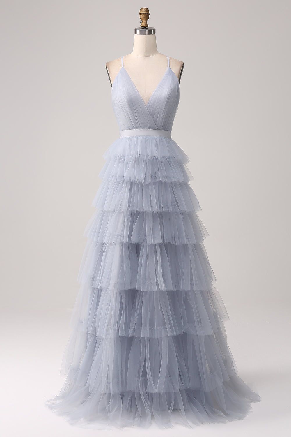 Robe de bal longue en tulle étagée ligne A dos nu bleu-gris