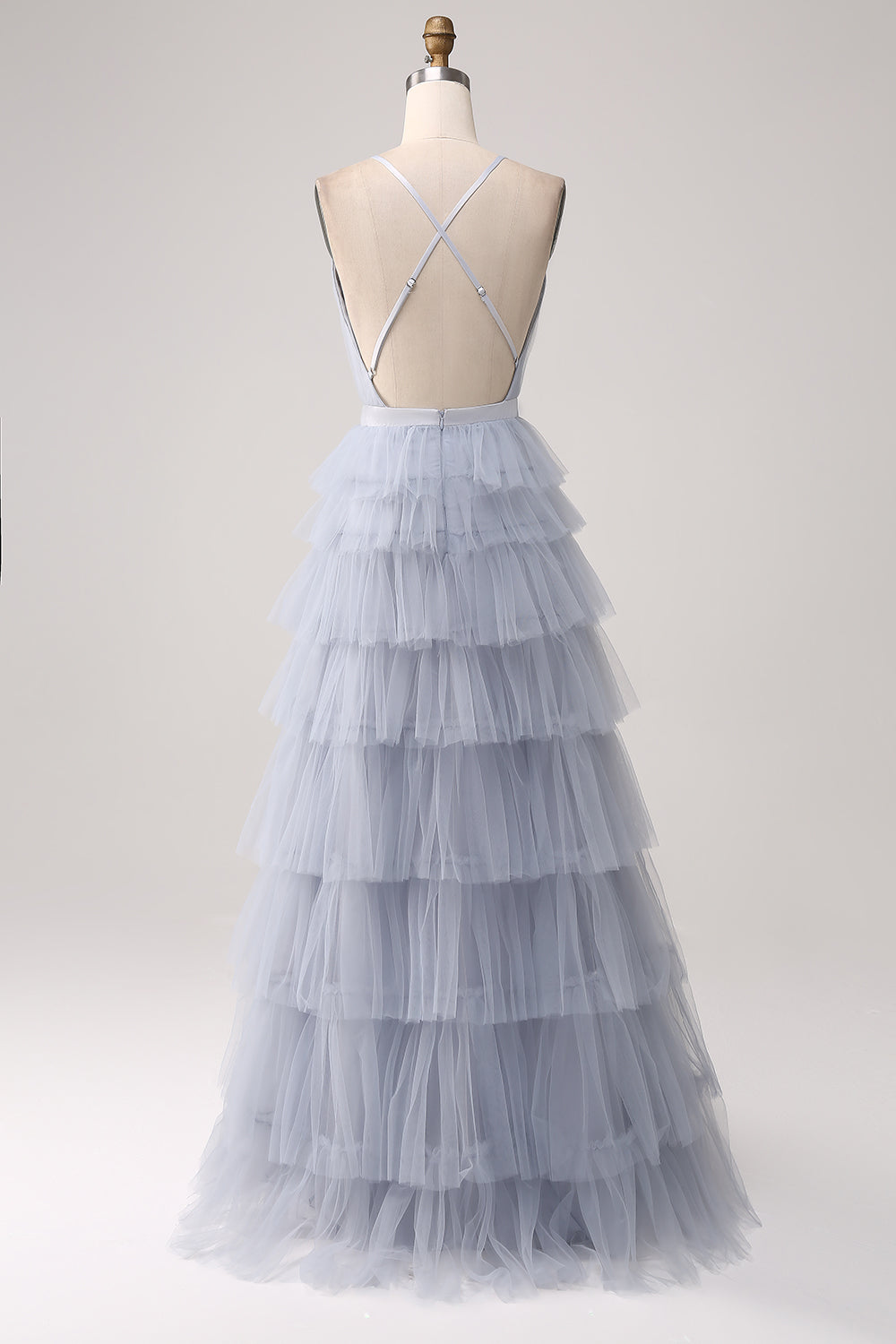 Robe de bal longue en tulle étagée ligne A dos nu bleu-gris