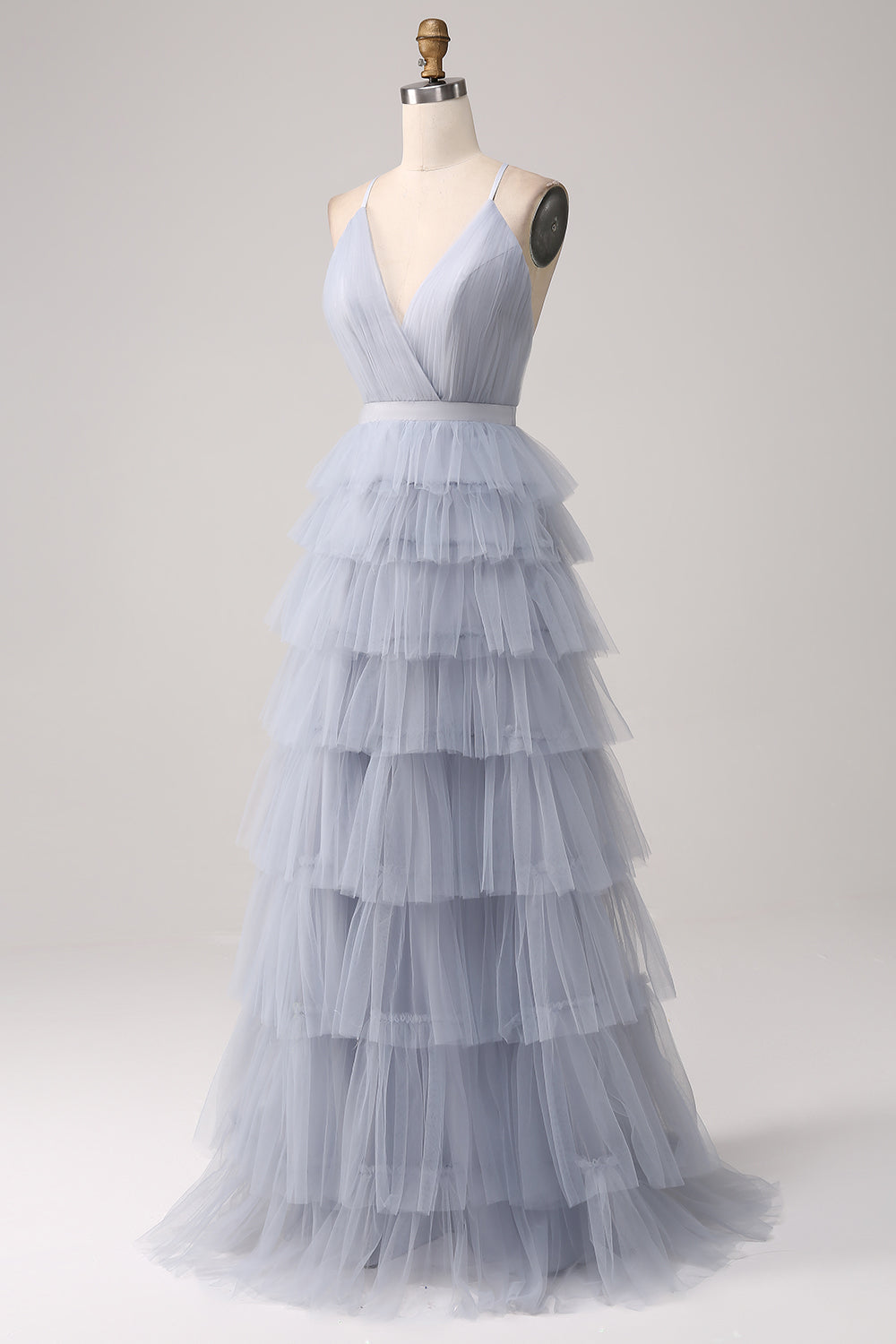 Robe de bal longue en tulle étagée ligne A dos nu bleu-gris