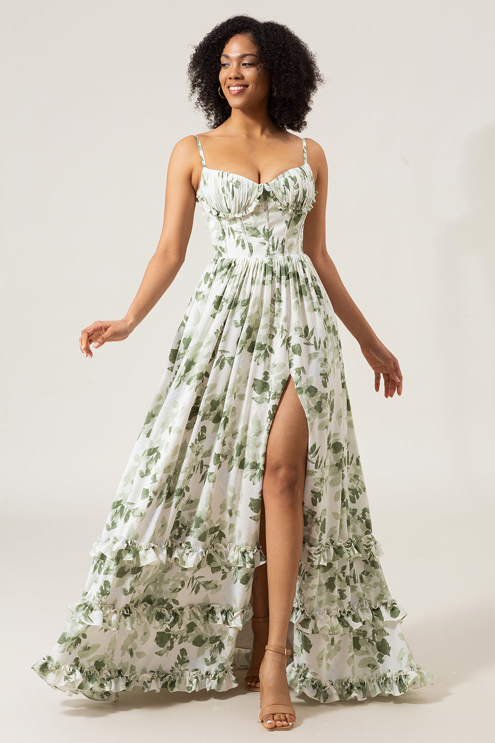 Robe de demoiselle d'honneur longue verte imprimée à bretelles spaghetti coupe trapèze avec fente
