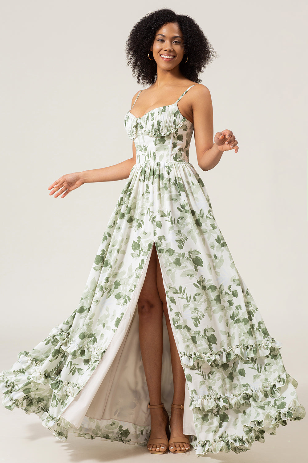 Robe de demoiselle d'honneur longue verte imprimée à bretelles spaghetti coupe trapèze avec fente