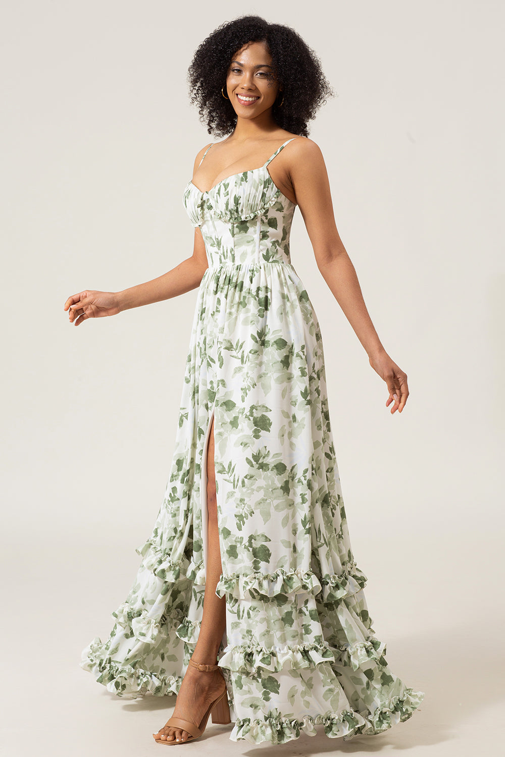 Robe de demoiselle d'honneur longue verte imprimée à bretelles spaghetti coupe trapèze avec fente