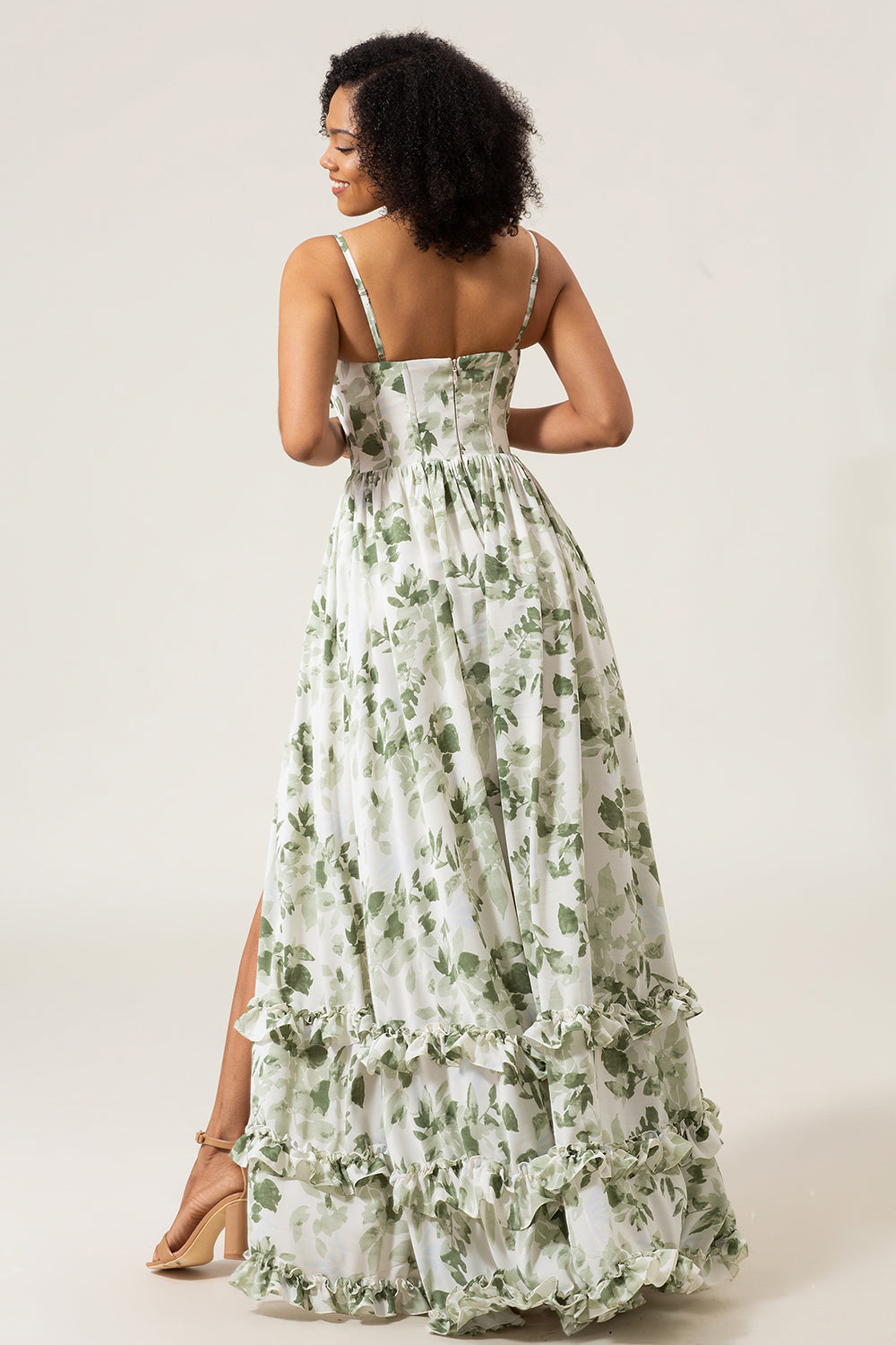 Robe de demoiselle d'honneur longue verte imprimée à bretelles spaghetti coupe trapèze avec fente
