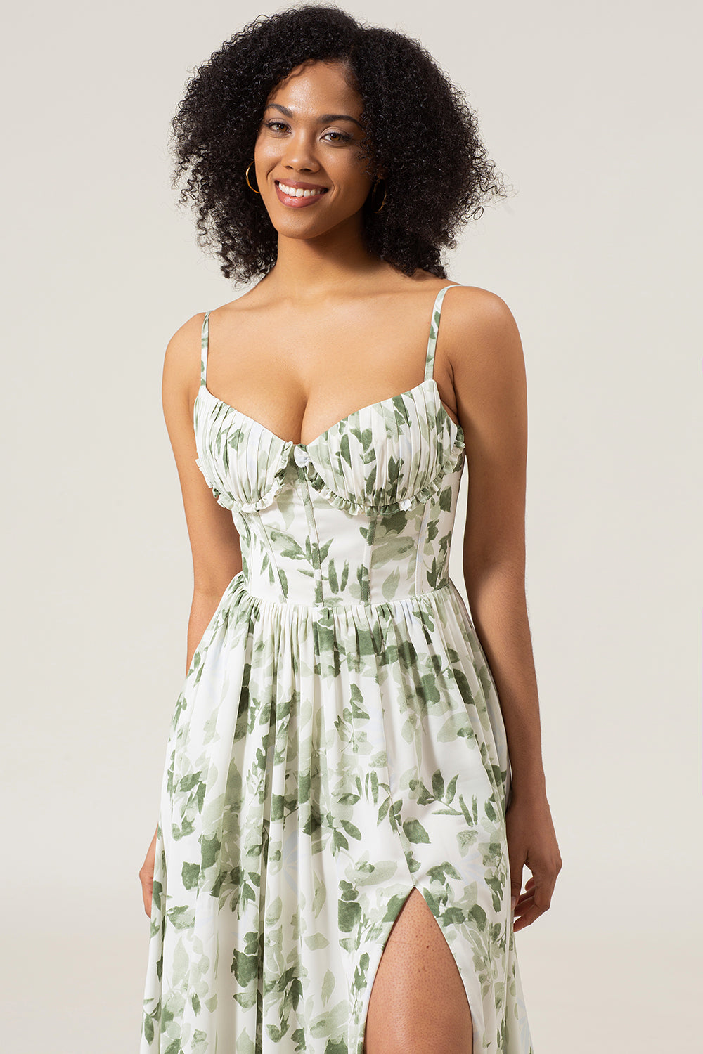 Robe de demoiselle d'honneur longue verte imprimée à bretelles spaghetti coupe trapèze avec fente