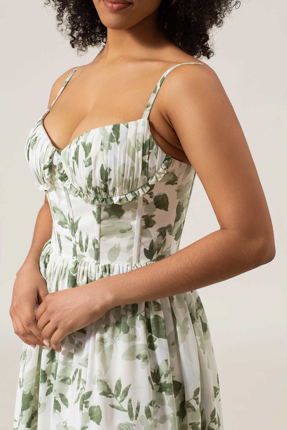 Robe de demoiselle d'honneur longue verte imprimée à bretelles spaghetti coupe trapèze avec fente