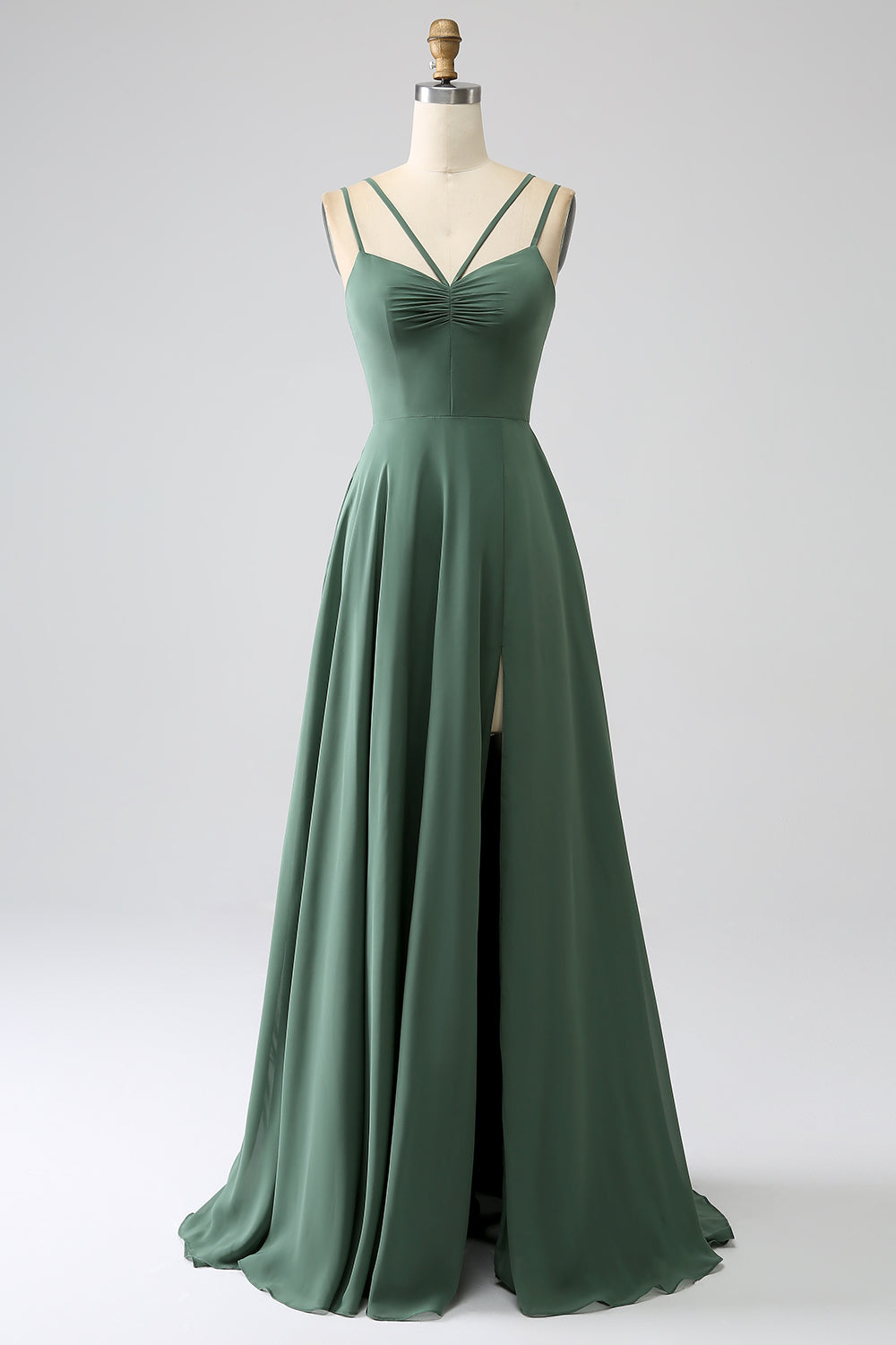 Robe longue de demoiselle d'honneur à fines bretelles, dos nu et plissée, coupe trapèze Eucalyptus