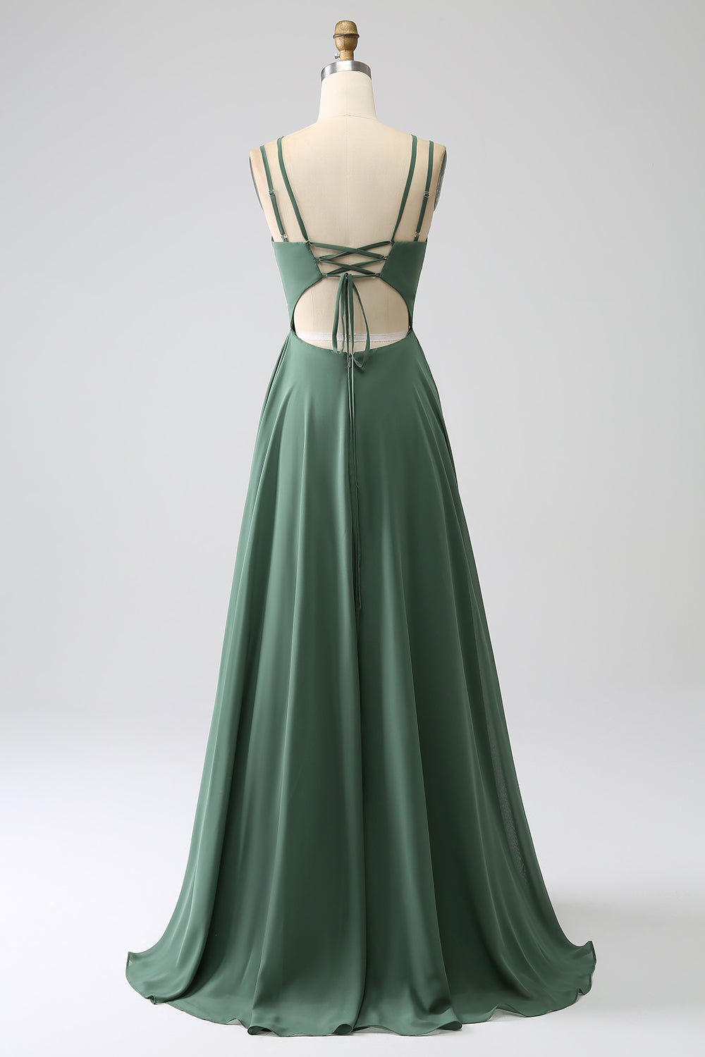 Robe longue de demoiselle d'honneur à fines bretelles, dos nu et plissée, coupe trapèze Eucalyptus