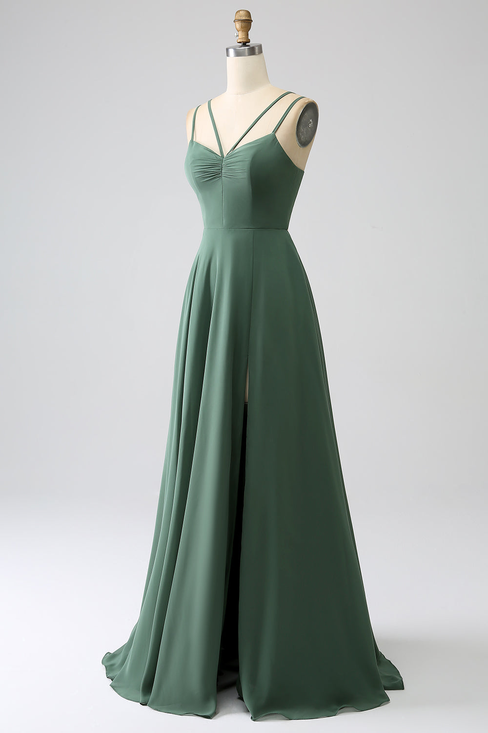 Robe longue de demoiselle d'honneur à fines bretelles, dos nu et plissée, coupe trapèze Eucalyptus