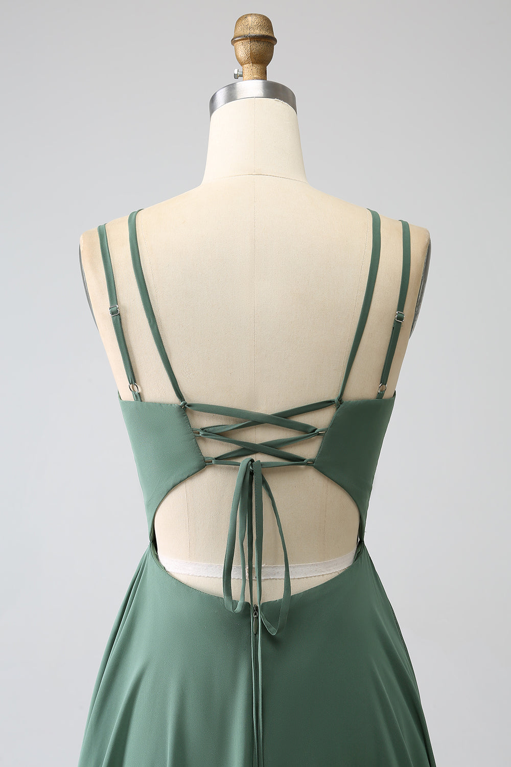 Robe longue de demoiselle d'honneur à fines bretelles, dos nu et plissée, coupe trapèze Eucalyptus