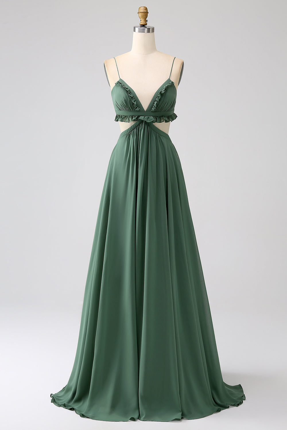 Robe longue de demoiselle d'honneur verte avec bretelles spaghetti, volants et ajours