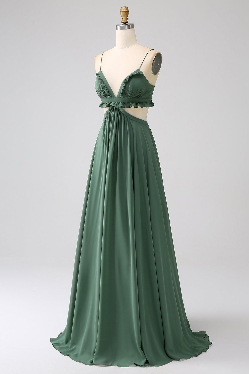 Robe longue de demoiselle d'honneur verte avec bretelles spaghetti, volants et ajours