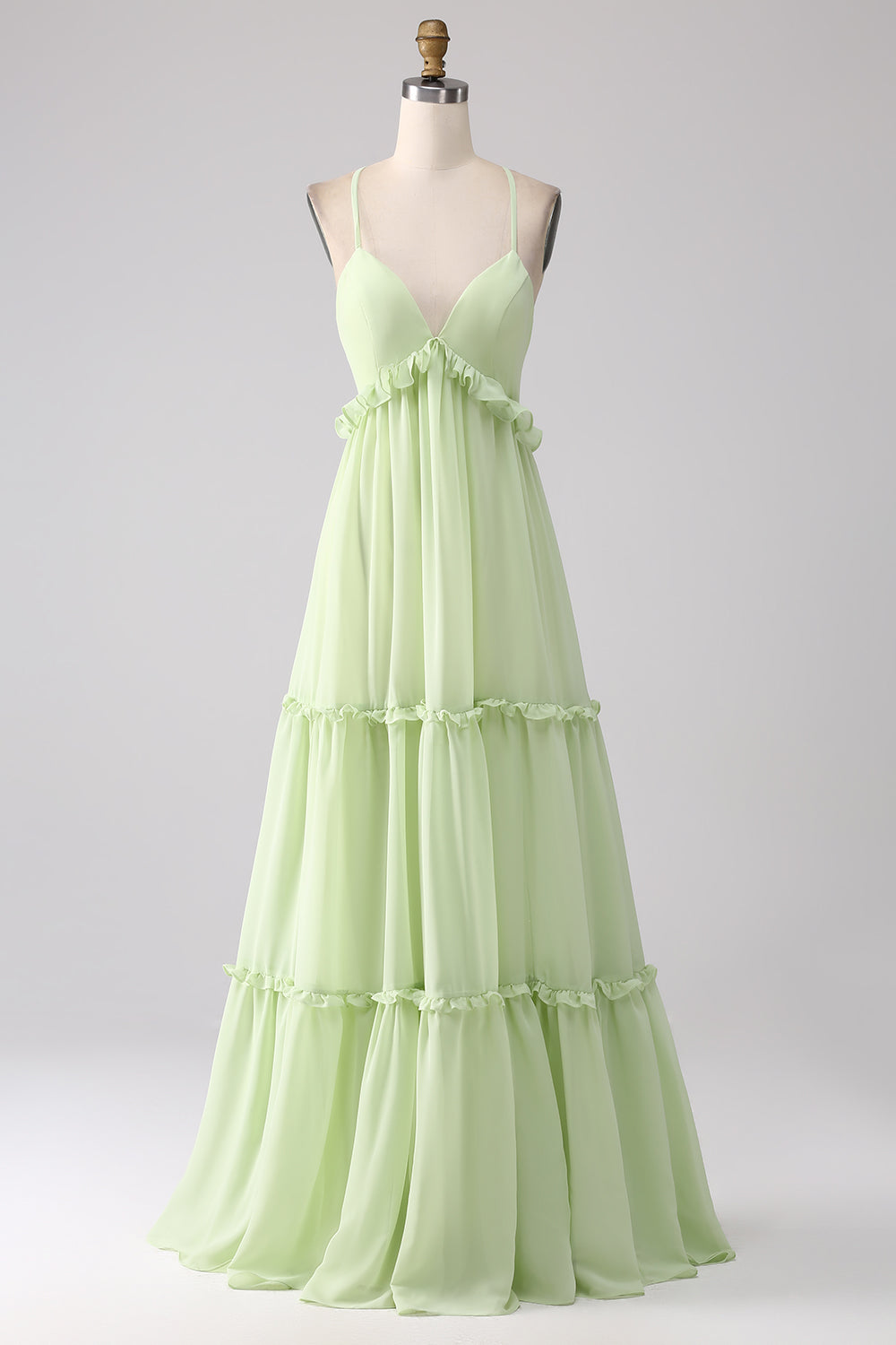 Robe de demoiselle d'honneur verte coupe trapèze à volants avec dos lacé