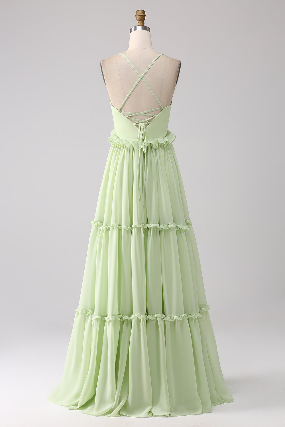 Robe de demoiselle d'honneur verte coupe trapèze à volants avec dos lacé