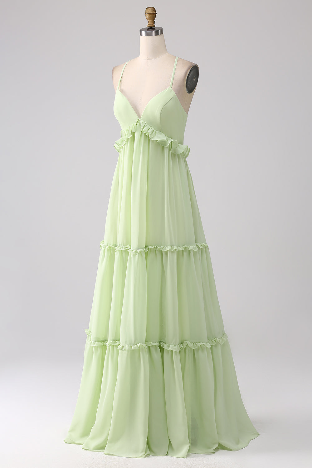 Robe de demoiselle d'honneur verte coupe trapèze à volants avec dos lacé