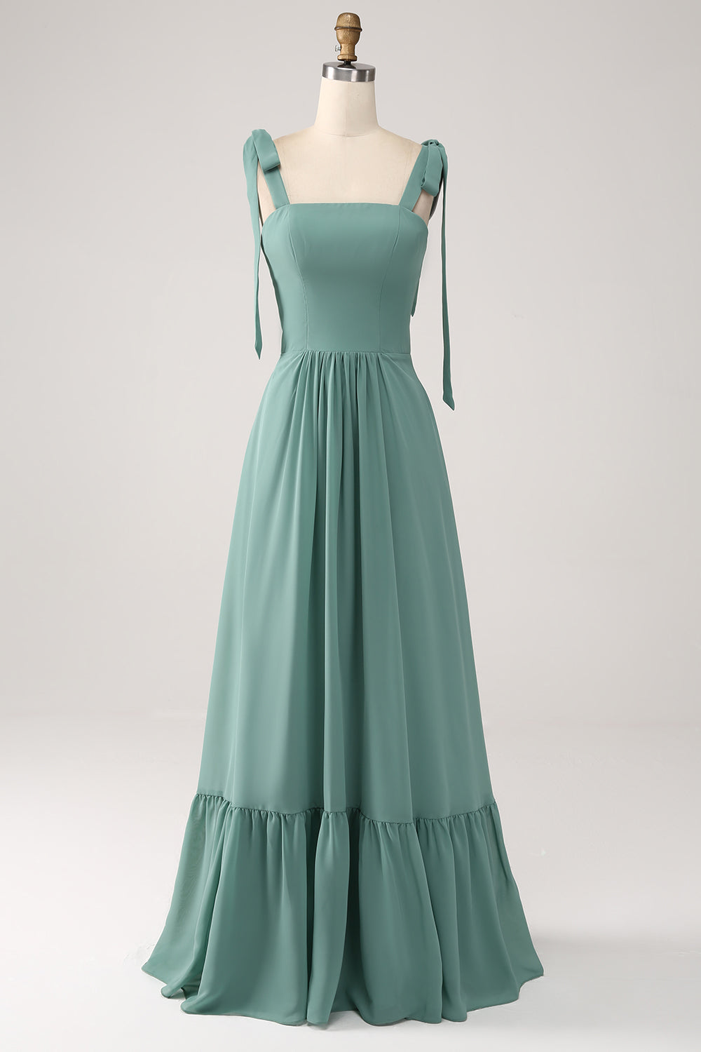 Robe longue de demoiselle d'honneur plissée en mousseline verte coupe trapèze