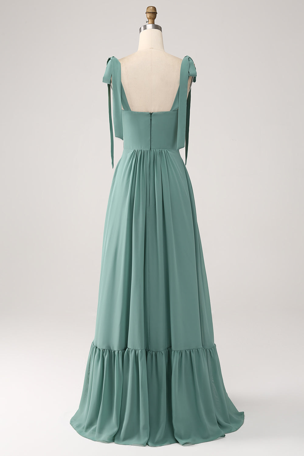 Robe longue de demoiselle d'honneur plissée en mousseline verte coupe trapèze