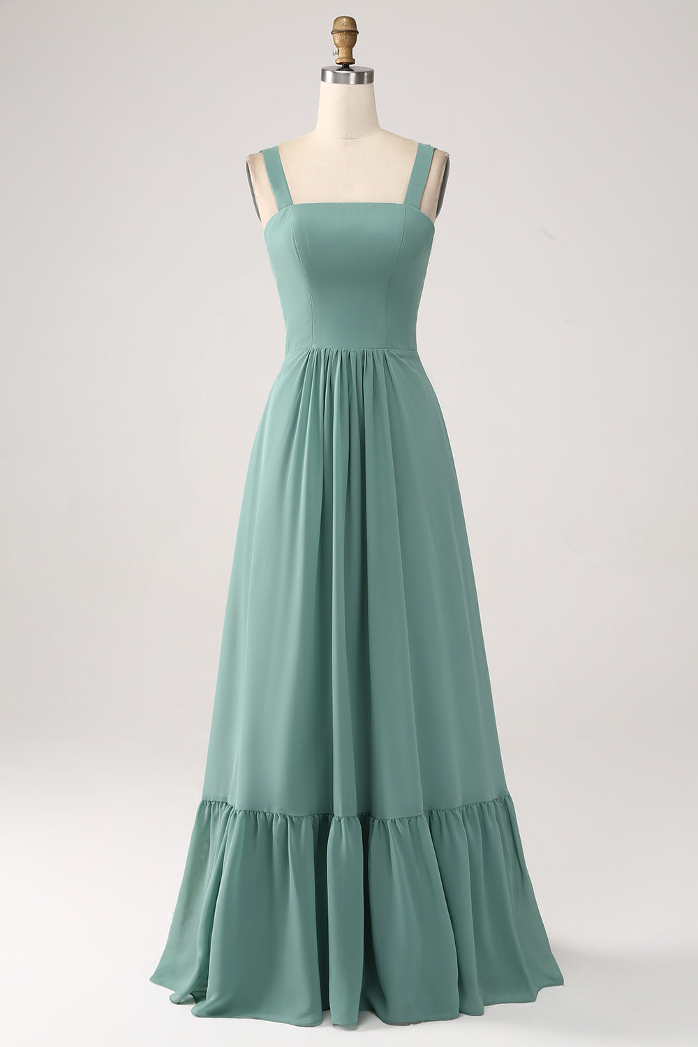 Robe longue de demoiselle d'honneur plissée en mousseline verte coupe trapèze
