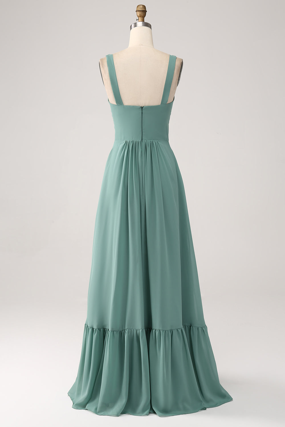 Robe longue de demoiselle d'honneur plissée en mousseline verte coupe trapèze