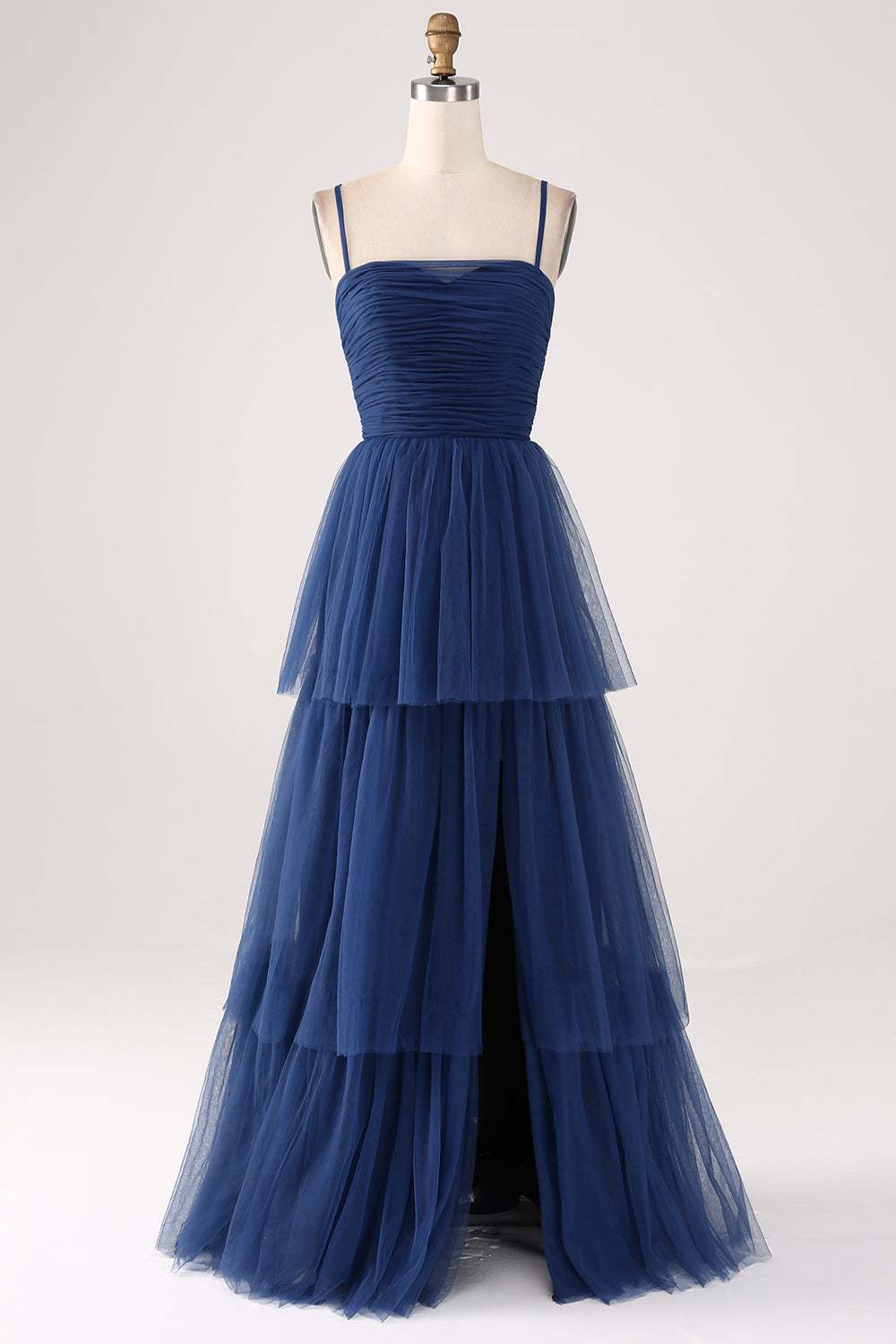 A-Line Spaghetti Straps Tiered Tulle Pleated Prom Dress with Slit