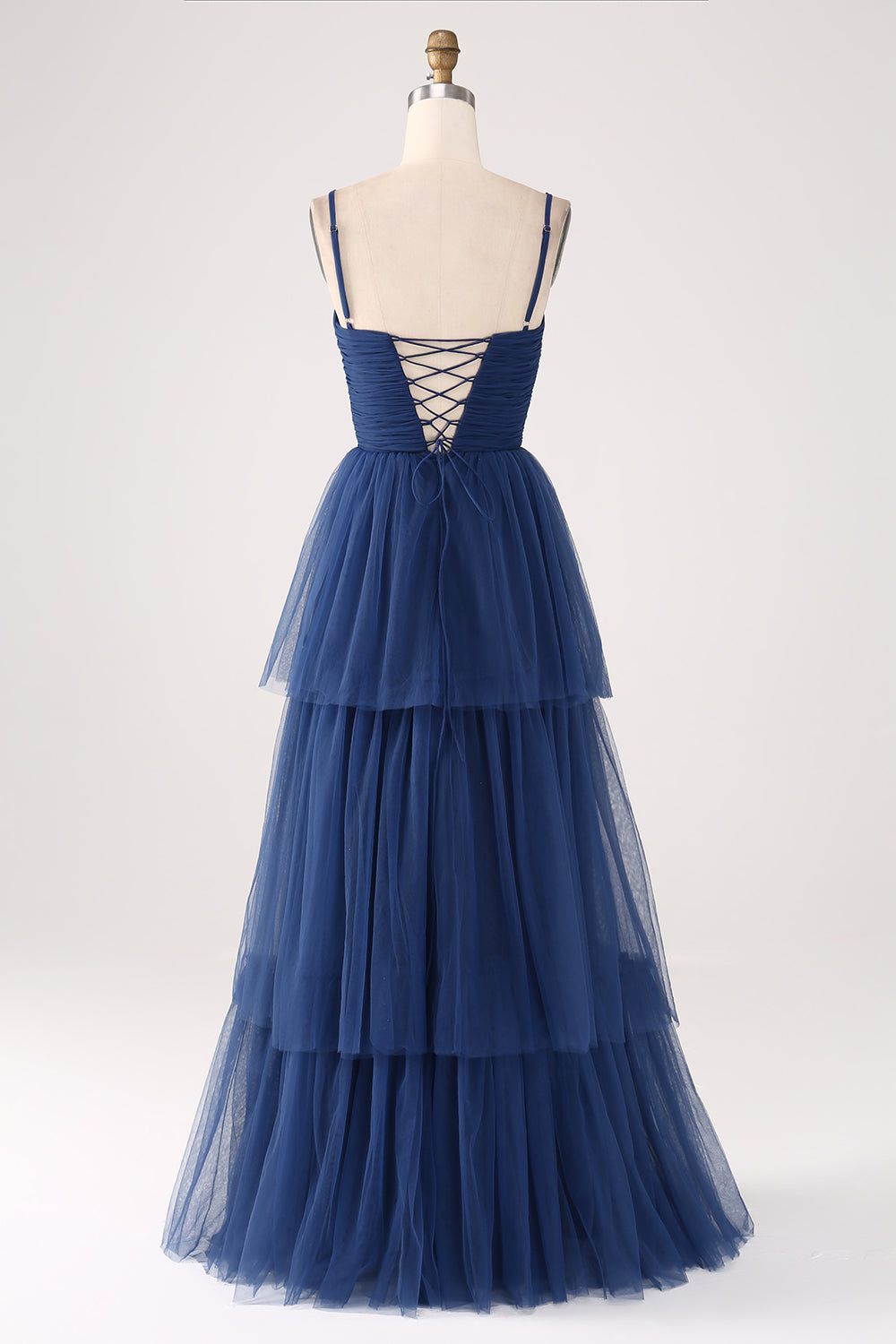 A-Line Spaghetti Straps Tiered Tulle Pleated Prom Dress with Slit