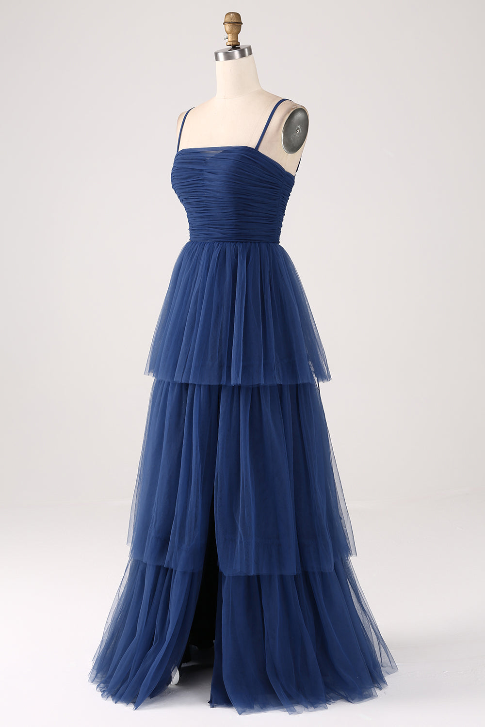 A-Line Spaghetti Straps Tiered Tulle Pleated Prom Dress with Slit