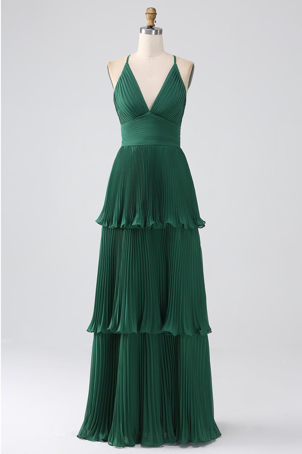 Robe de demoiselle d'honneur trapèze vert foncé en mousseline étagée avec plis