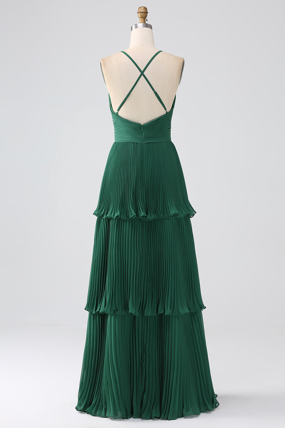 Robe de demoiselle d'honneur trapèze vert foncé en mousseline étagée avec plis