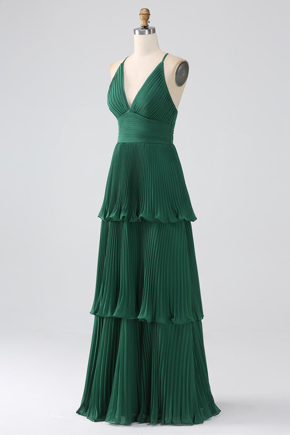 Robe de demoiselle d'honneur trapèze vert foncé en mousseline étagée avec plis