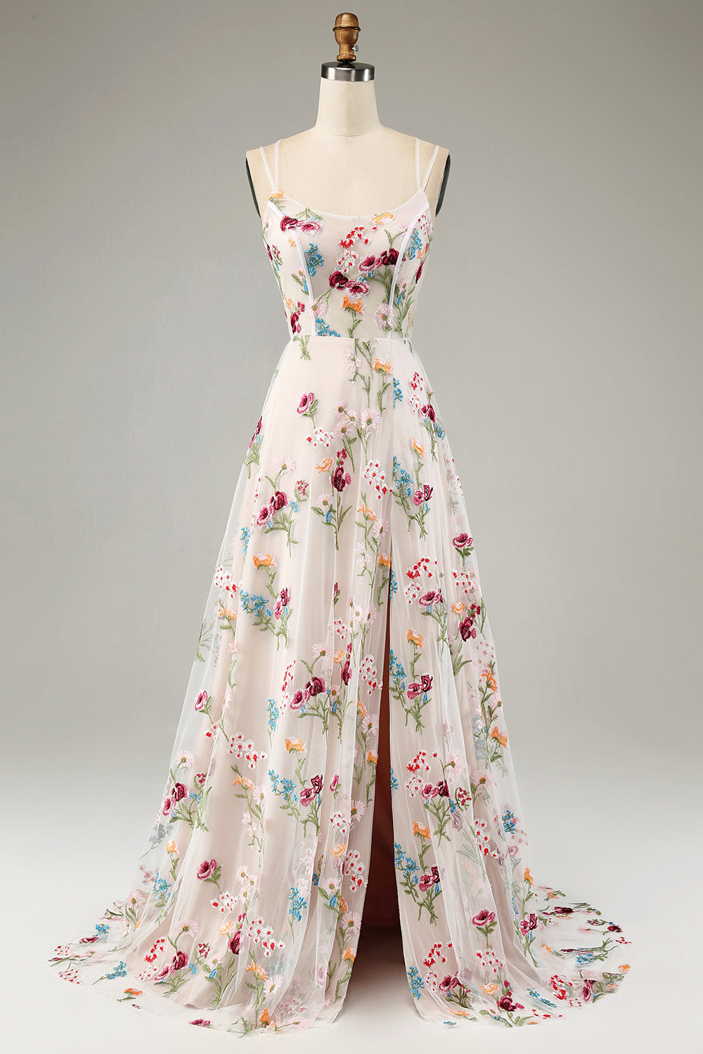 Robe de bal longue en forme évasée avec bretelles spaghetti et corset, fleur ivoire avec fente
