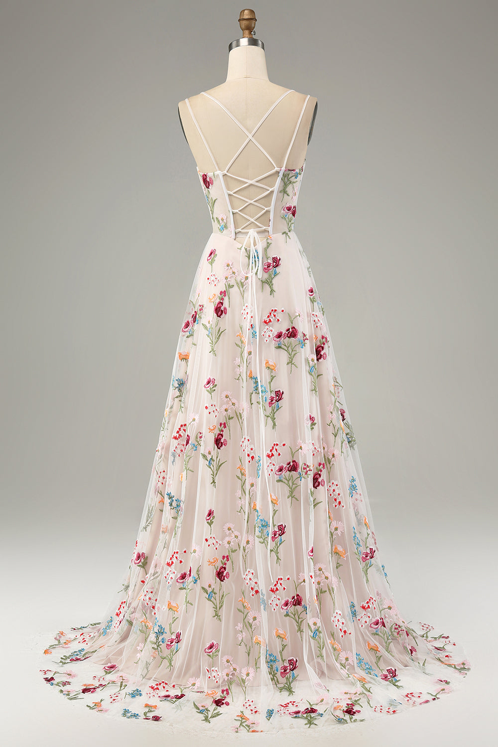 Robe de bal longue en forme évasée avec bretelles spaghetti et corset, fleur ivoire avec fente