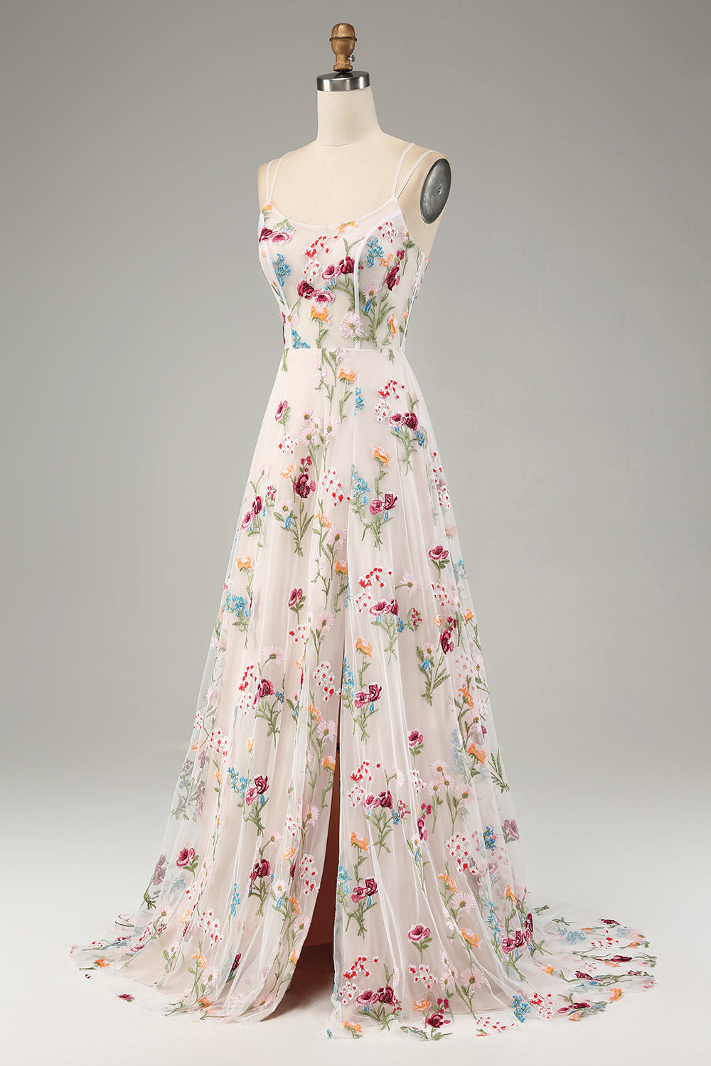 Robe de bal longue en forme évasée avec bretelles spaghetti et corset, fleur ivoire avec fente