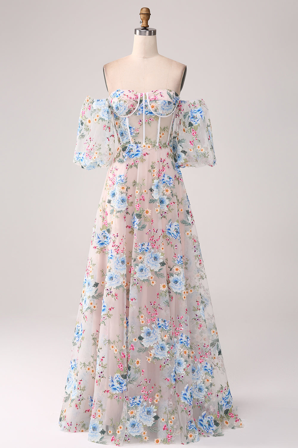 Robe de bal longue en corset à épaules dénudées avec fleurs d'abricot coupe A