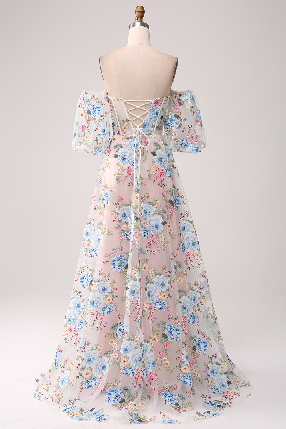 Robe de bal longue en corset à épaules dénudées avec fleurs d'abricot coupe A