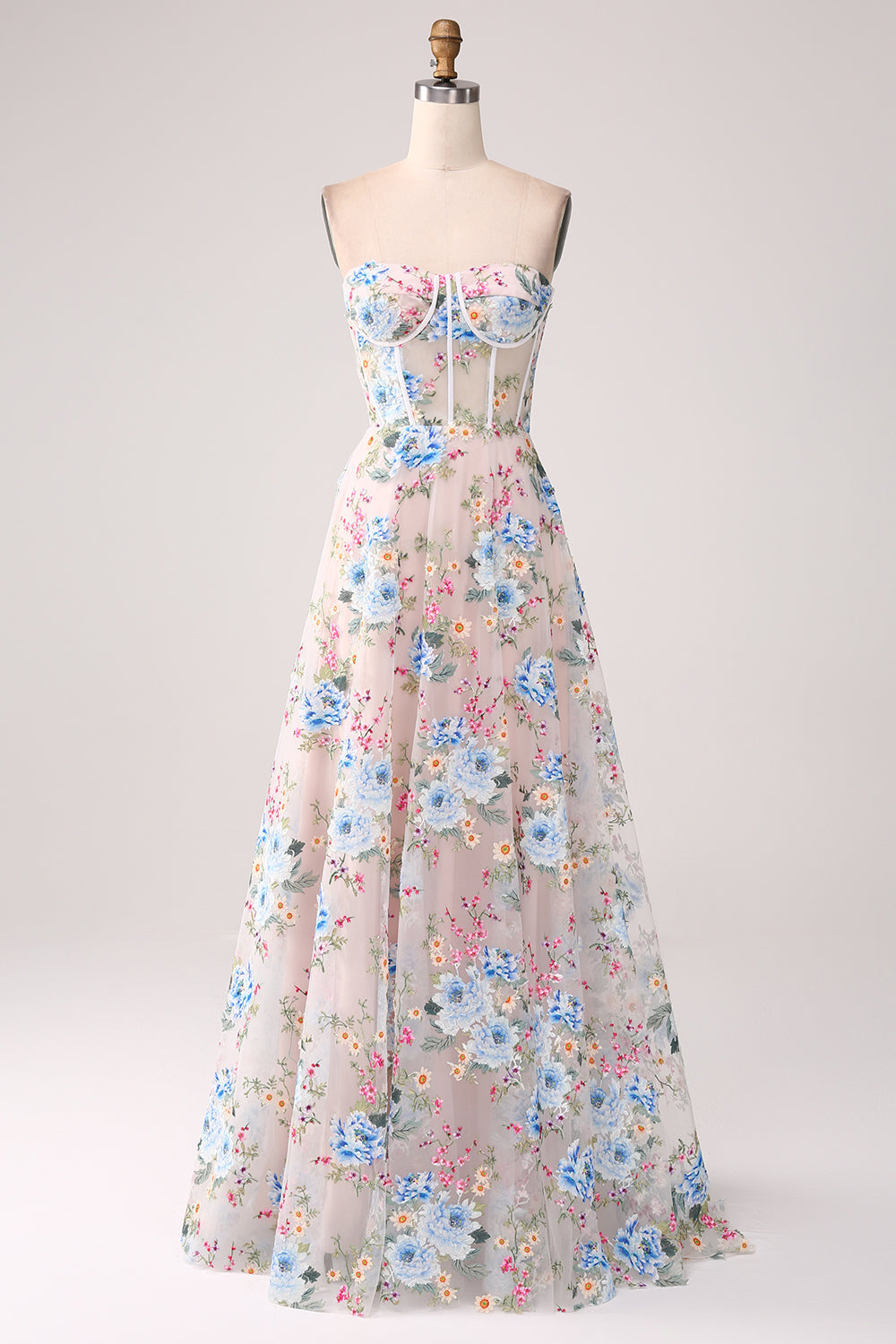 Robe de bal longue en corset à épaules dénudées avec fleurs d'abricot coupe A