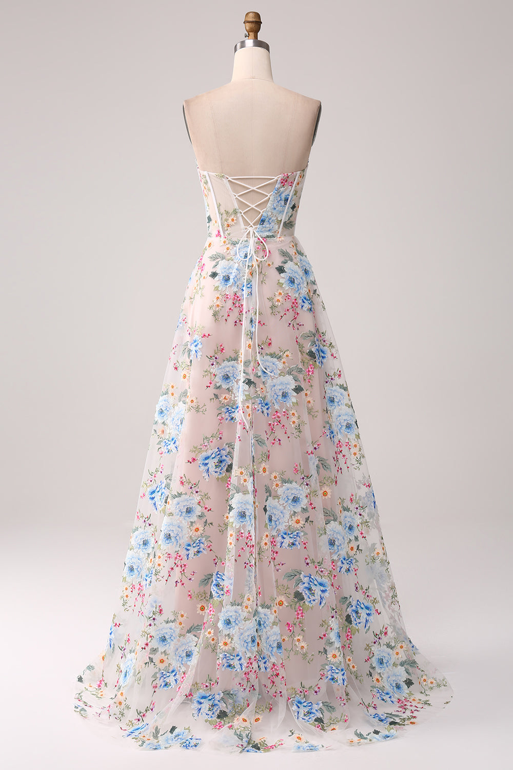 Robe de bal longue en corset à épaules dénudées avec fleurs d'abricot coupe A
