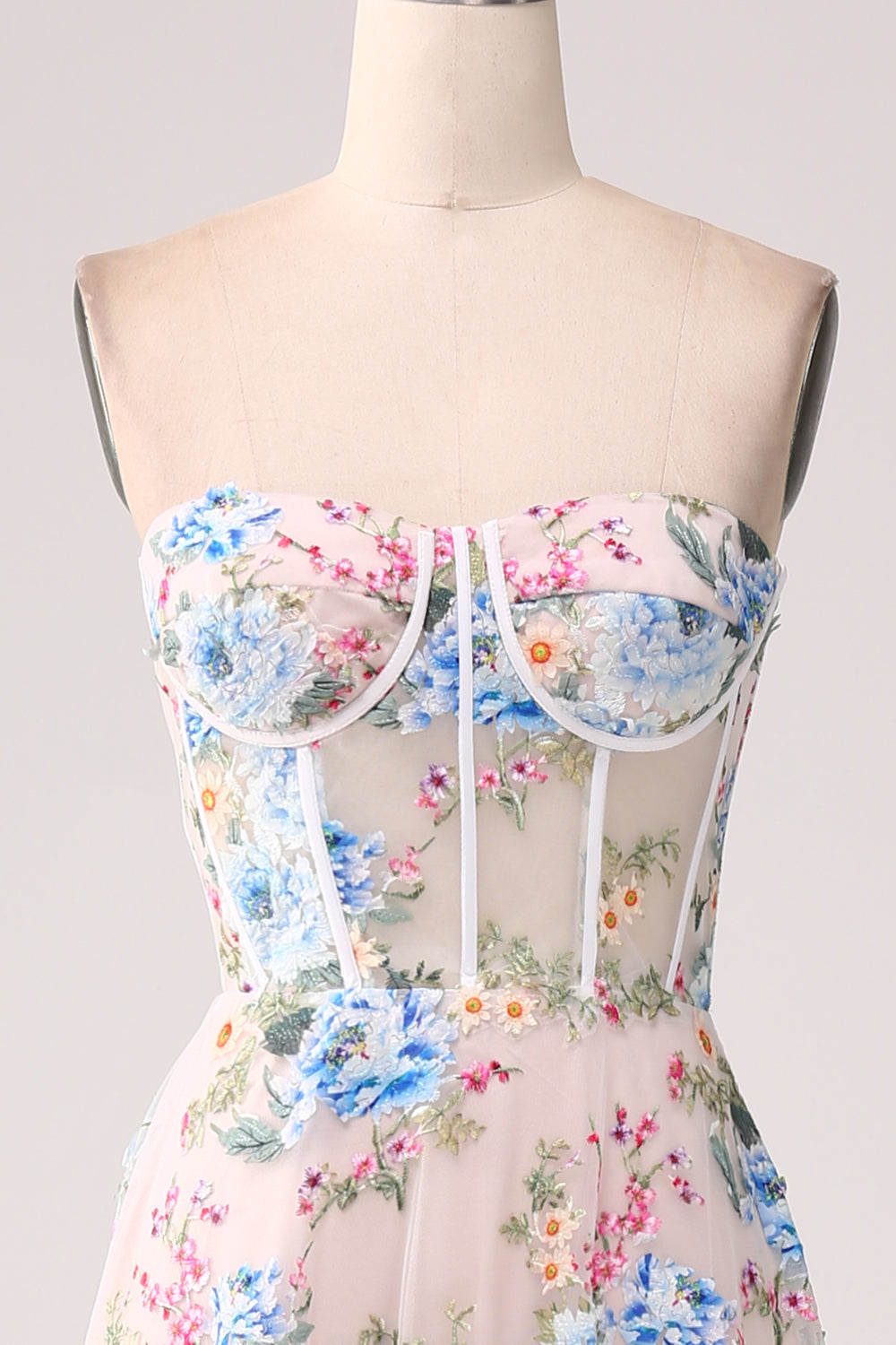 Robe de bal longue en corset à épaules dénudées avec fleurs d'abricot coupe A