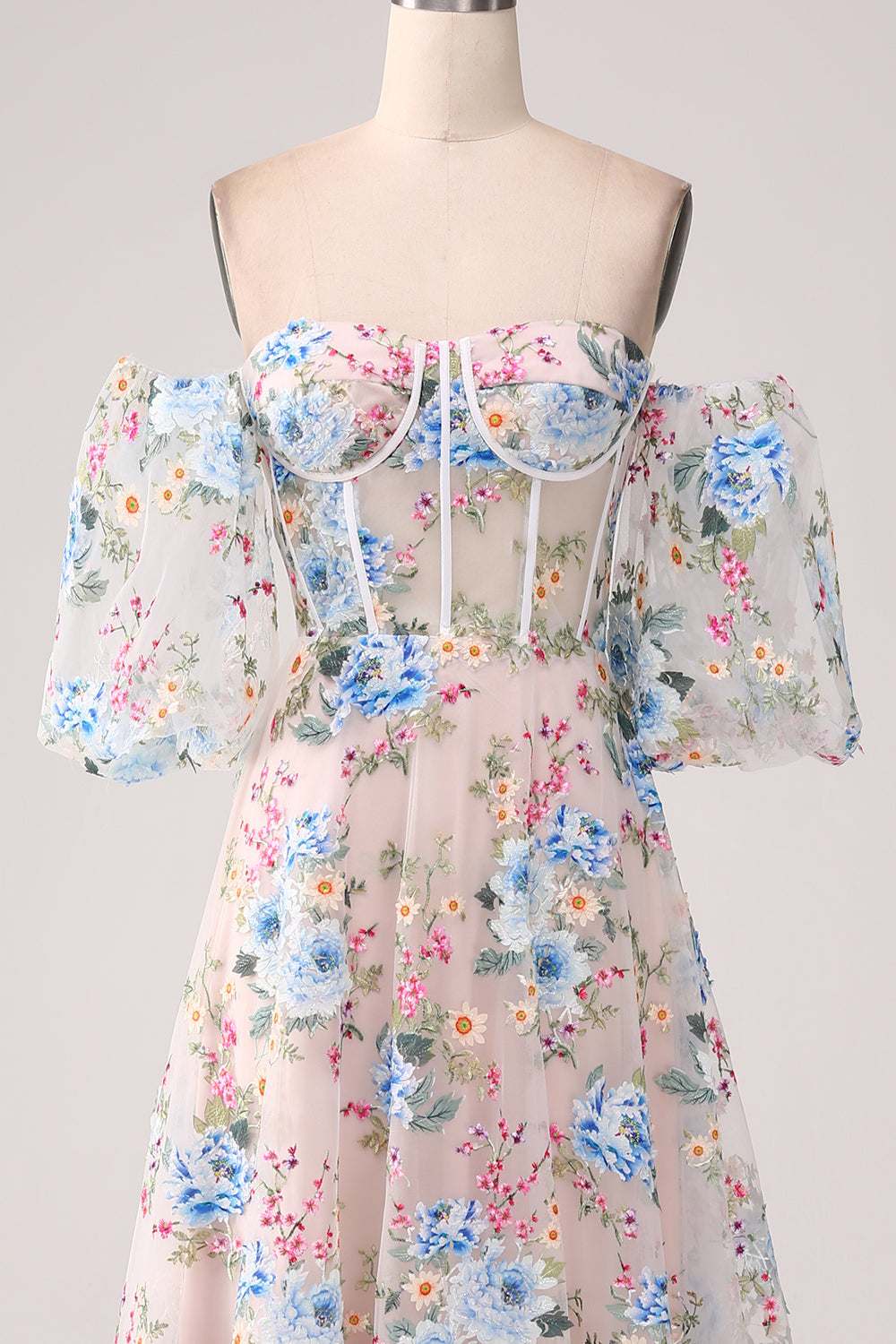 Robe de bal longue en corset à épaules dénudées avec fleurs d'abricot coupe A