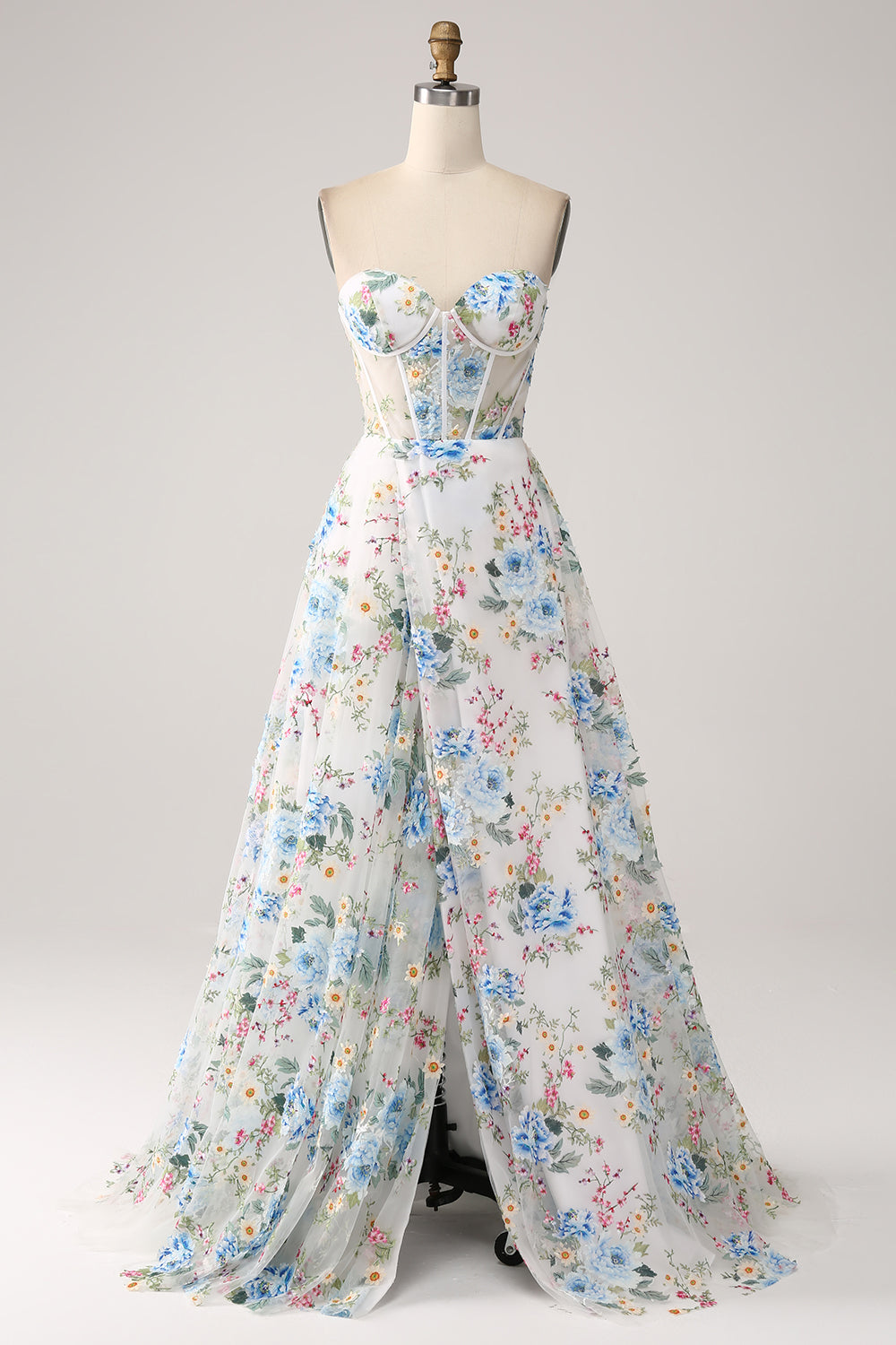 Robe de bal longue bustier coupe trapèze avec corset, motif fleur ivoire