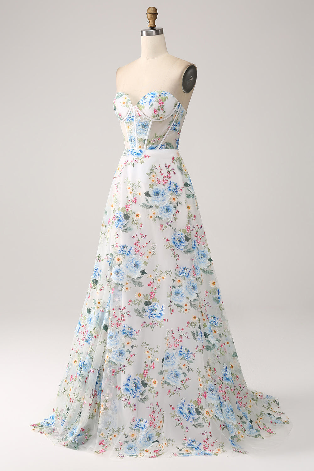 Robe de bal longue bustier coupe trapèze avec corset, motif fleur ivoire