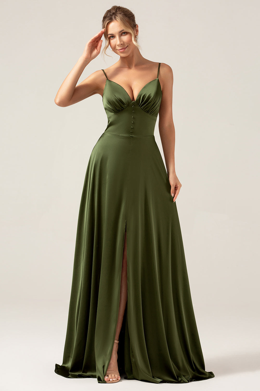Robe longue de demoiselle d'honneur A-Line en satin olive à fines bretelles avec fente
