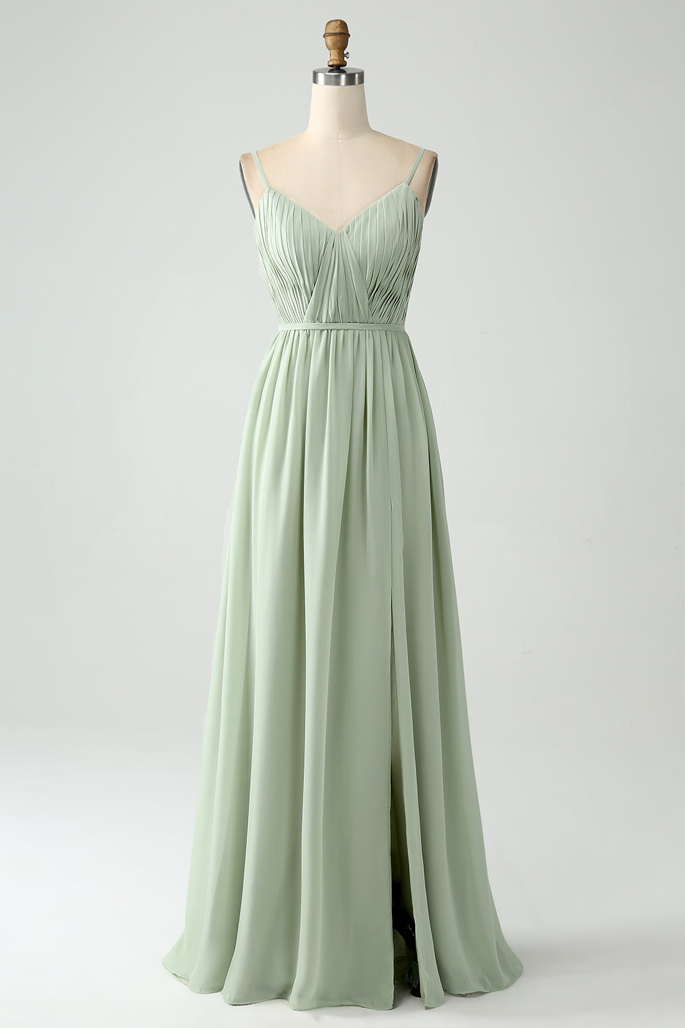 Robe longue de demoiselle d'honneur trapèze en mousseline couleur sauge poussiéreuse à bretelles spaghetti avec fente