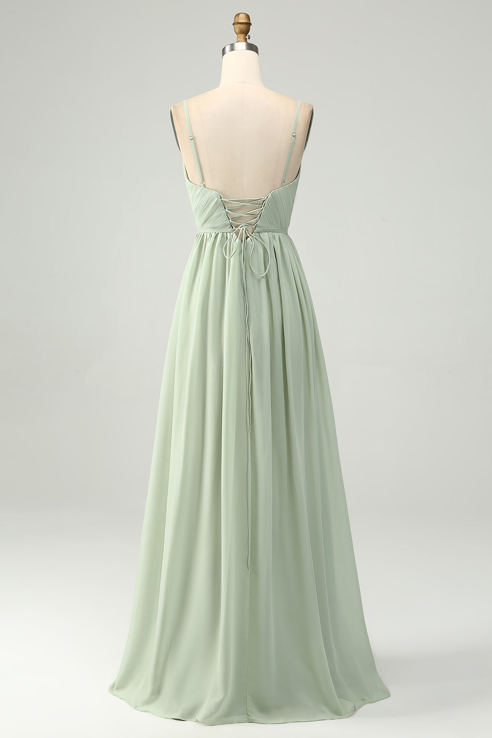 Robe longue de demoiselle d'honneur trapèze en mousseline couleur sauge poussiéreuse à bretelles spaghetti avec fente