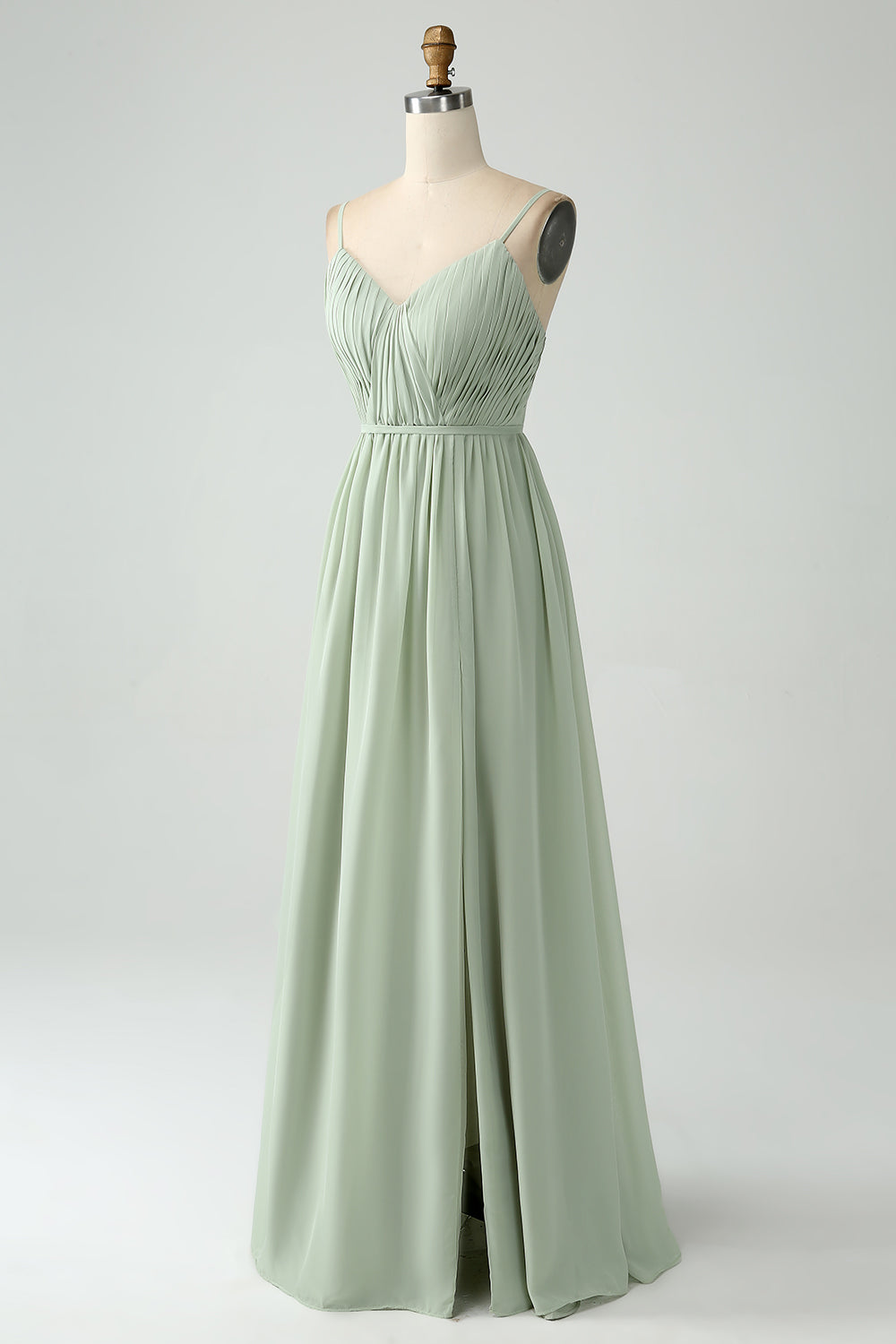 Robe longue de demoiselle d'honneur trapèze en mousseline couleur sauge poussiéreuse à bretelles spaghetti avec fente