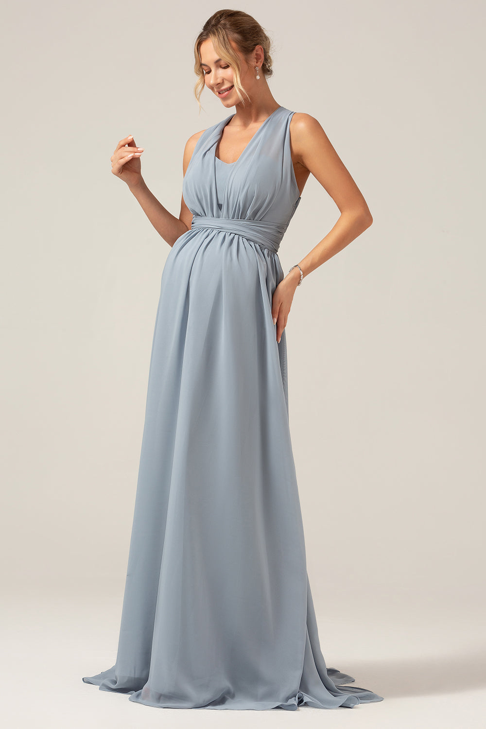 Robe longue de maternité en mousseline bohème convertible bleu poudré
