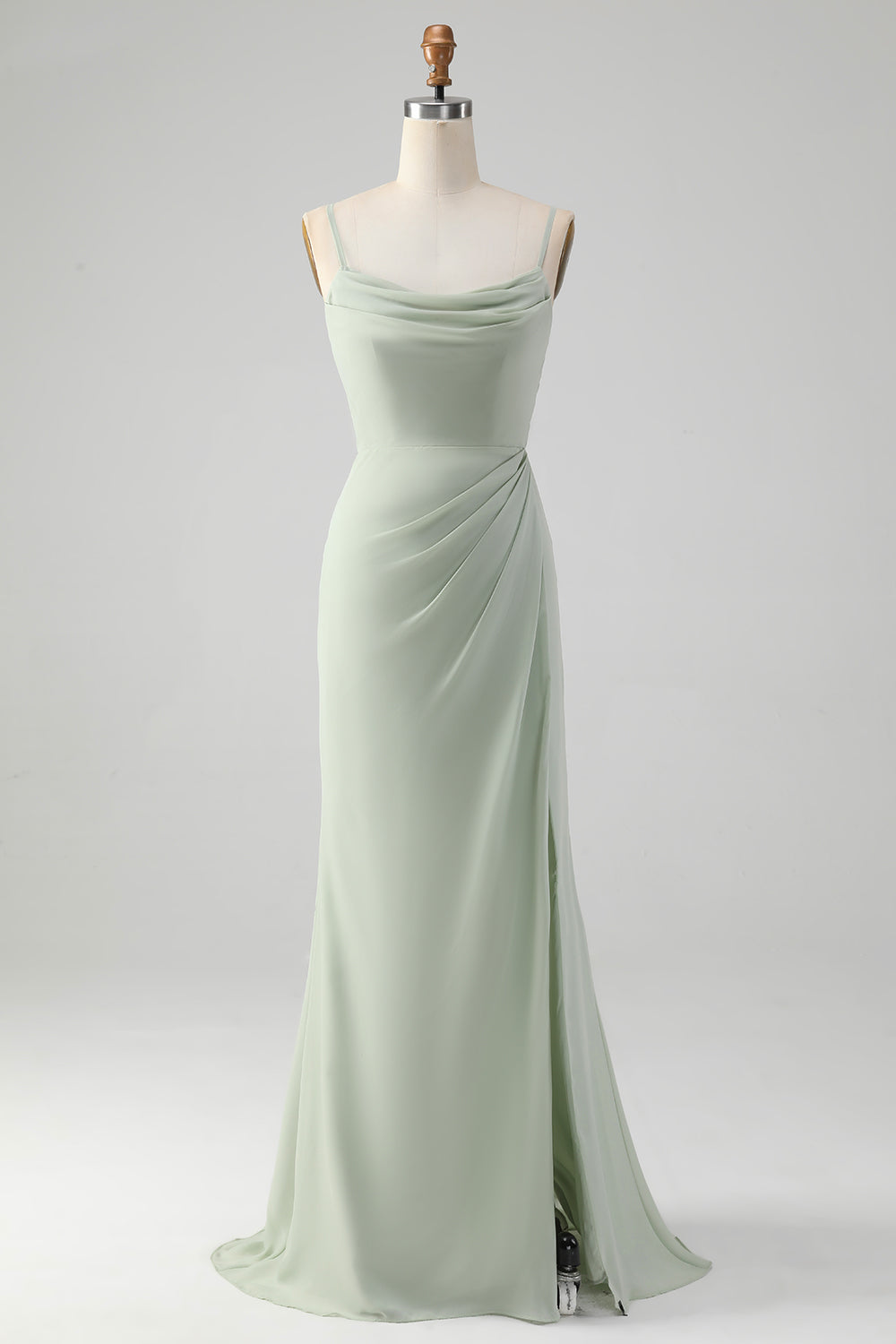 Matcha A-Line Spaghetti Strap Satin Long Bridesmaid Dress with Lace-Up Back