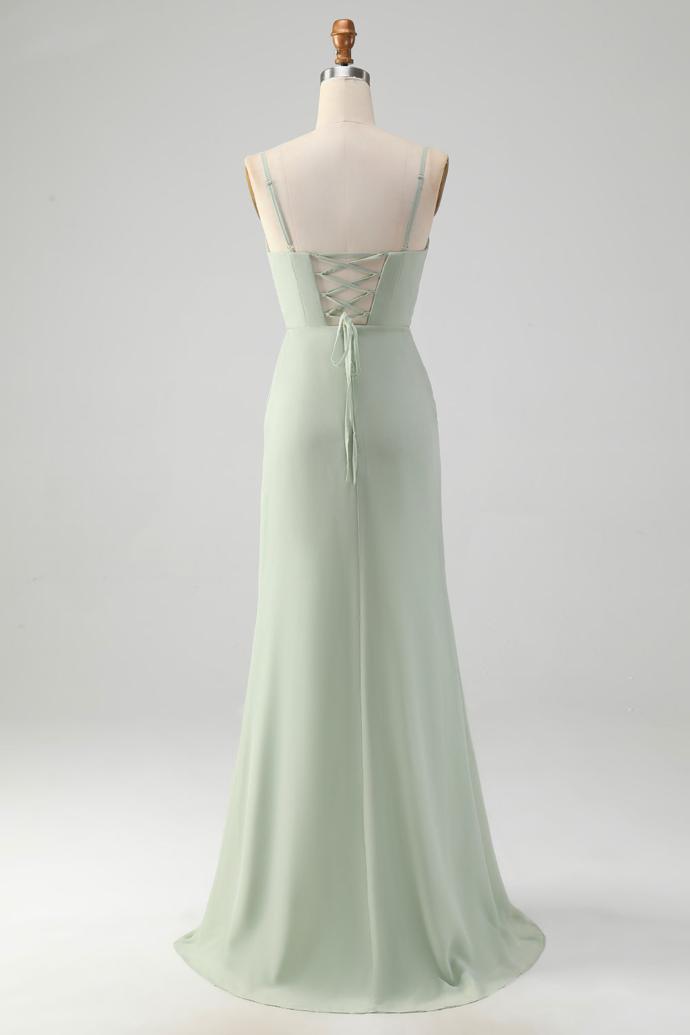 Matcha A-Line Spaghetti Strap Satin Long Bridesmaid Dress with Lace-Up Back