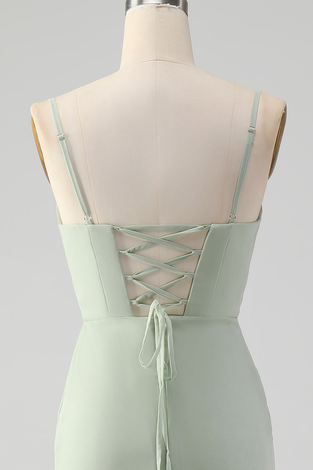 Matcha A-Line Spaghetti Strap Satin Long Bridesmaid Dress with Lace-Up Back